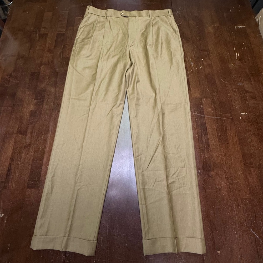 Zanella Dress Pants 36/32 Tan Loro Piana Super 130s Wool Pleated Cuffed Bennett